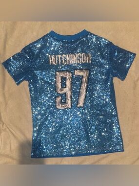 NWOT Girls Youth V-neck Detroit Lions Aiden Hutchinson  sequin Jersey #97 Sz 7/8